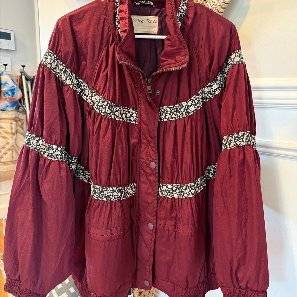 We The Free Red and Black Bomber Jacket with Flowery Trim